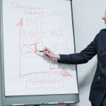 Professional woman delivering a business presentation on market strategy metrics indoors.
